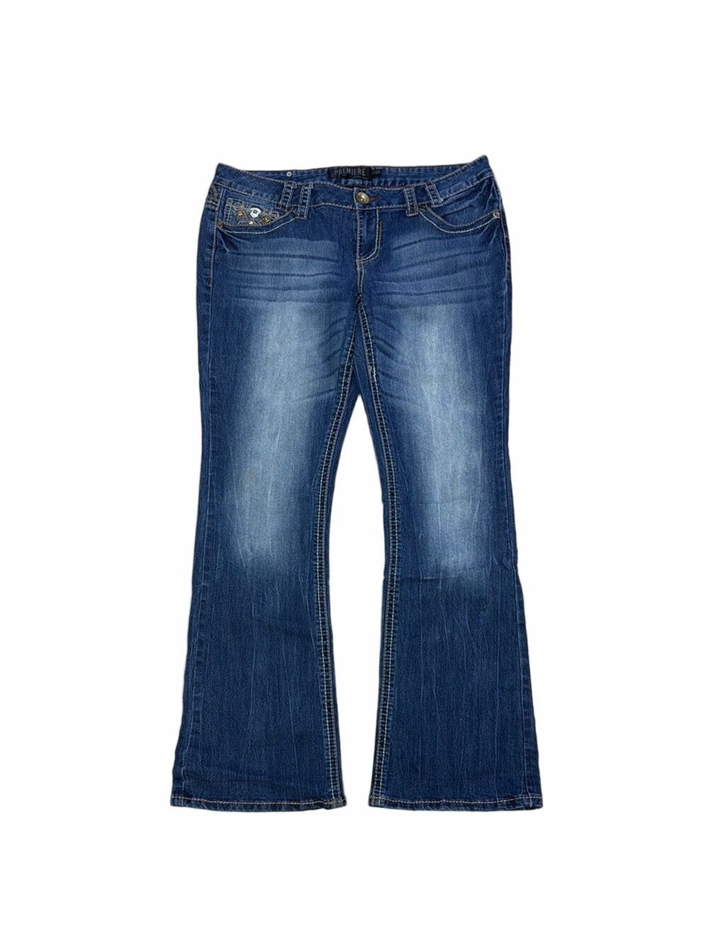 Premiere Denim Blue low rise classic Bootcut Leg Jeans. Subtle Fading Stretch